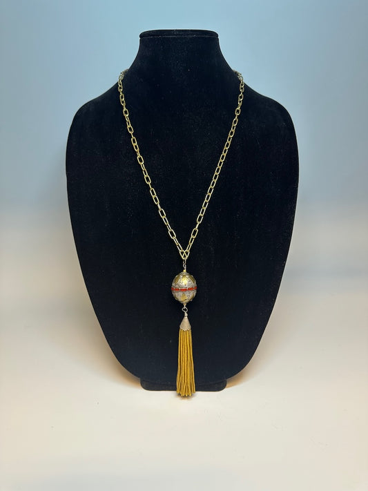 VINTAGE BRASS AND BEAD TASSEL AFGHAN STATEMENT PENDANT NECKLACE WITH BRASS AND LEATHER  LCN689