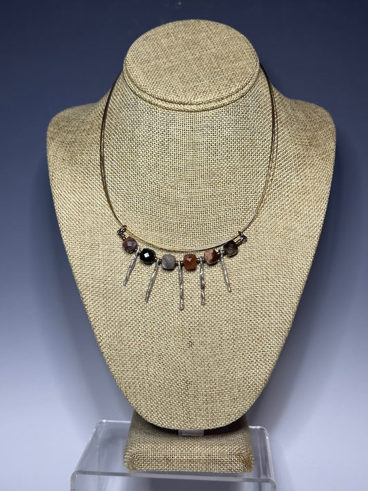 PETRIFIED WOOD AND STERLING SILVER NECKWIRE NECKLACE LCN706