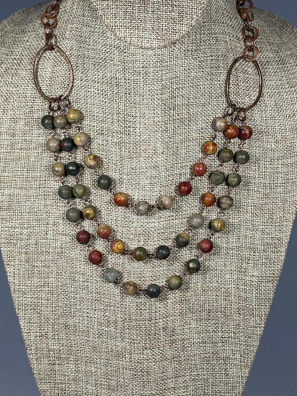 TRIPLE STRAND RED CREEK JASPER AND COPPER STATEMENT NECKLACE LCN1093
