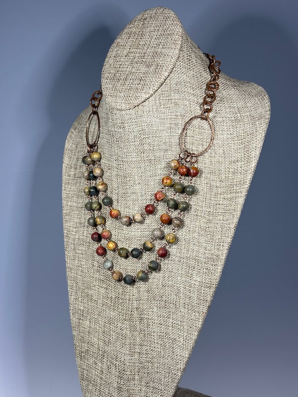 TRIPLE STRAND RED CREEK JASPER AND COPPER STATEMENT NECKLACE LCN1093