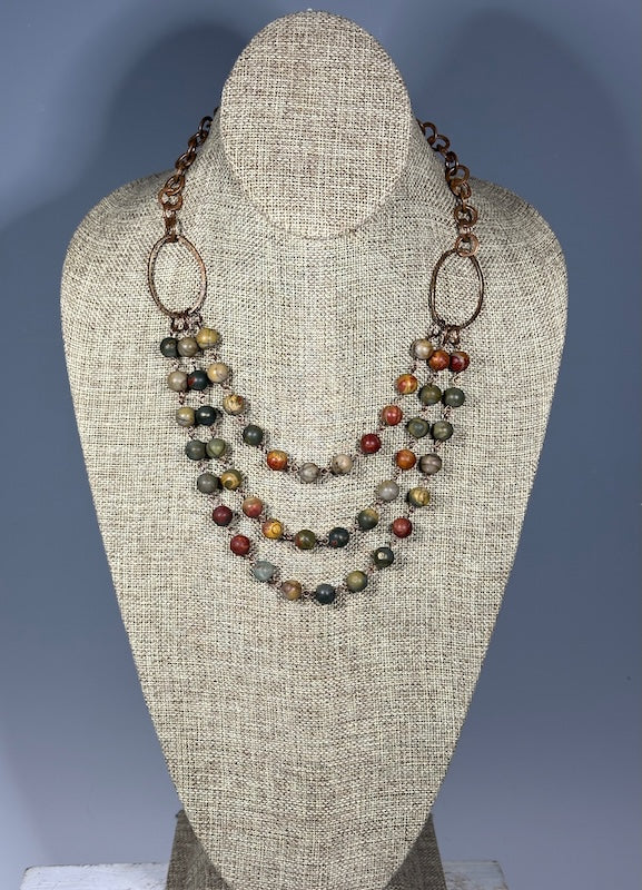 TRIPLE STRAND RED CREEK JASPER AND COPPER STATEMENT NECKLACE LCN1093