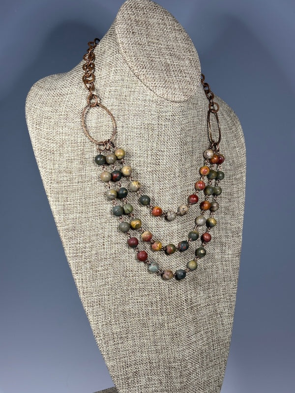 TRIPLE STRAND RED CREEK JASPER AND COPPER STATEMENT NECKLACE LCN1093