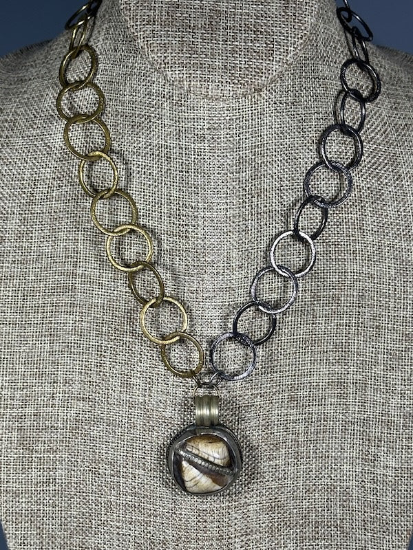 HEMATITE AND BRASS STATEMENT NECKLACE WITH FOCAL PENDANT LCN1096
