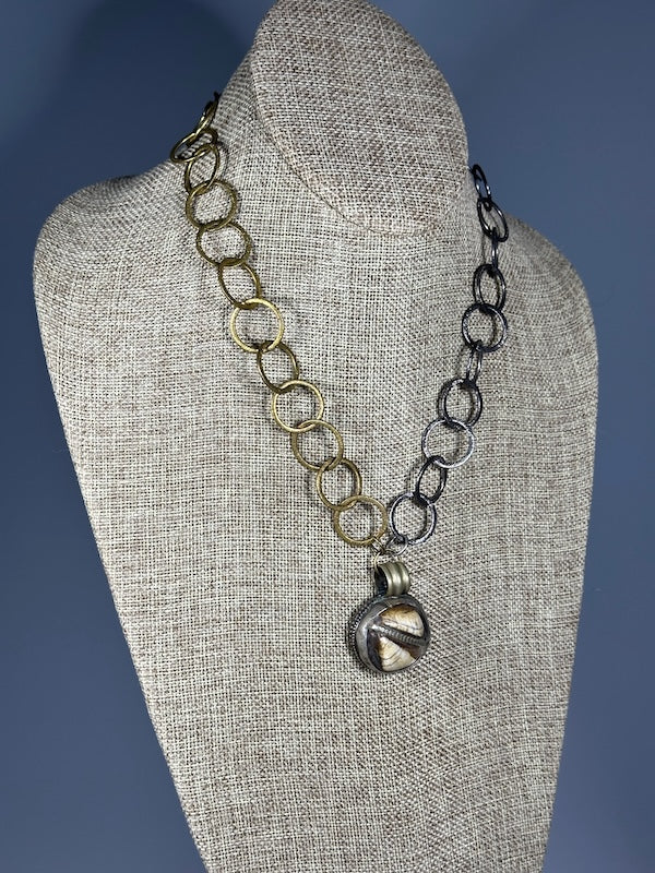 HEMATITE AND BRASS STATEMENT NECKLACE WITH FOCAL PENDANT LCN1096