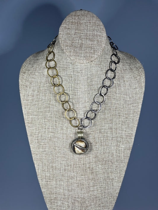 HEMATITE AND BRASS STATEMENT NECKLACE WITH FOCAL PENDANT LCN1096