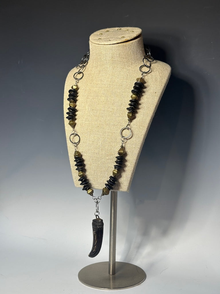 CARVED BONE STATEMENT NECKLACE WITH BRASS AND WOOD LCN726