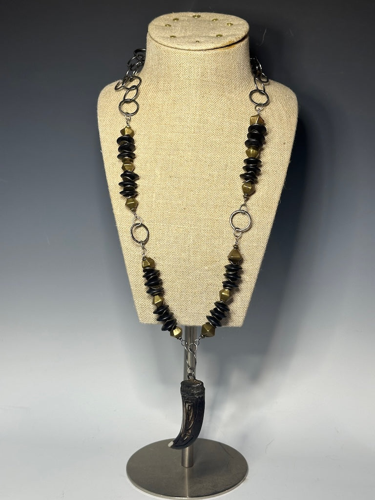 CARVED BONE STATEMENT NECKLACE WITH BRASS AND WOOD LCN726