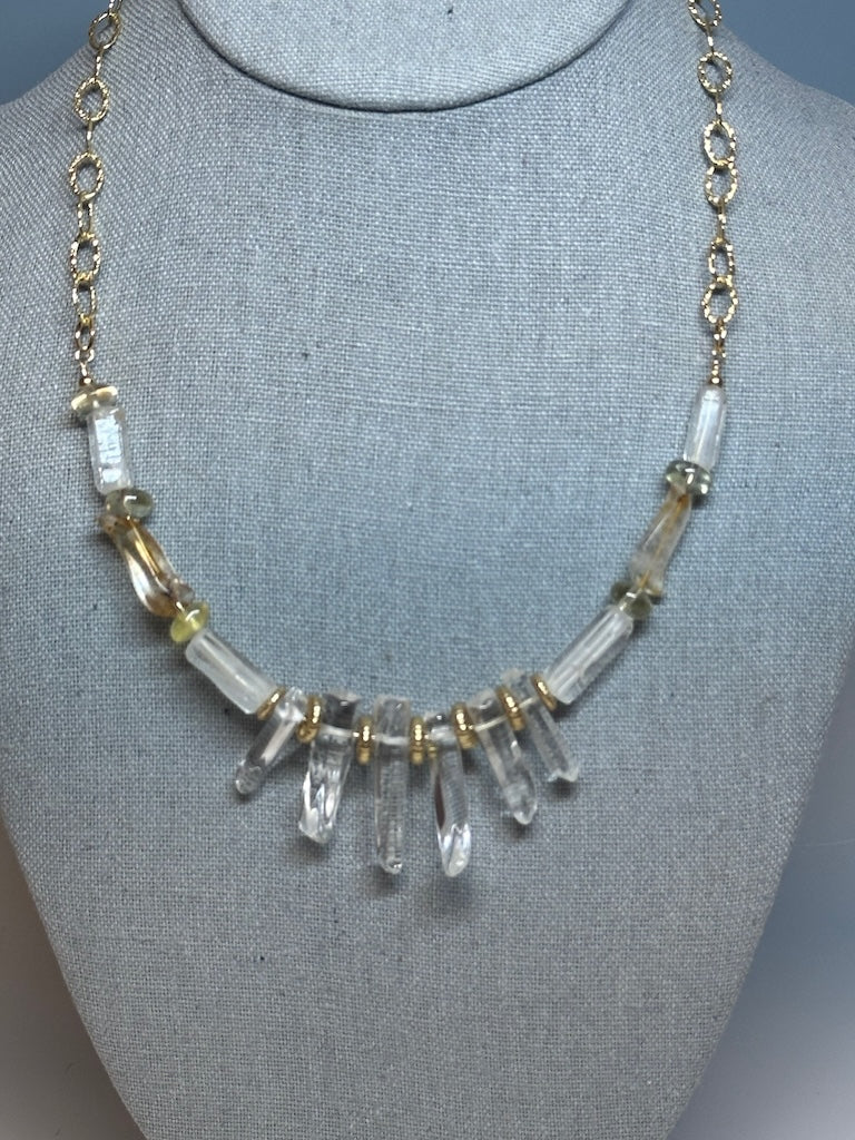 AMBER AND CLEAR QUARTZ NECKLACE WITH STERLING SILVER GOLD FILLED CHAIN