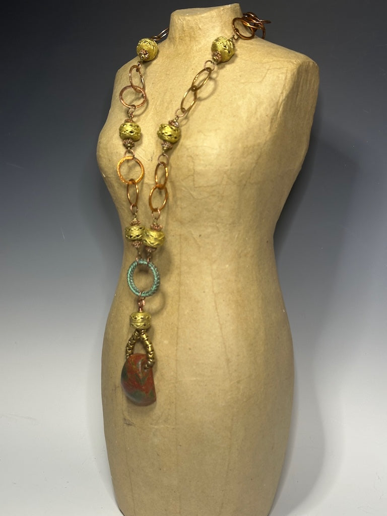 TORCHED COPPER, BRASS AND RED CREEK JASPER STATEMENT NECKLACE LCN880