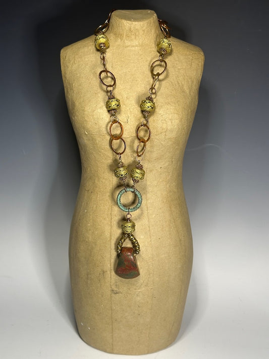 TORCHED COPPER, BRASS AND RED CREEK JASPER STATEMENT NECKLACE LCN880