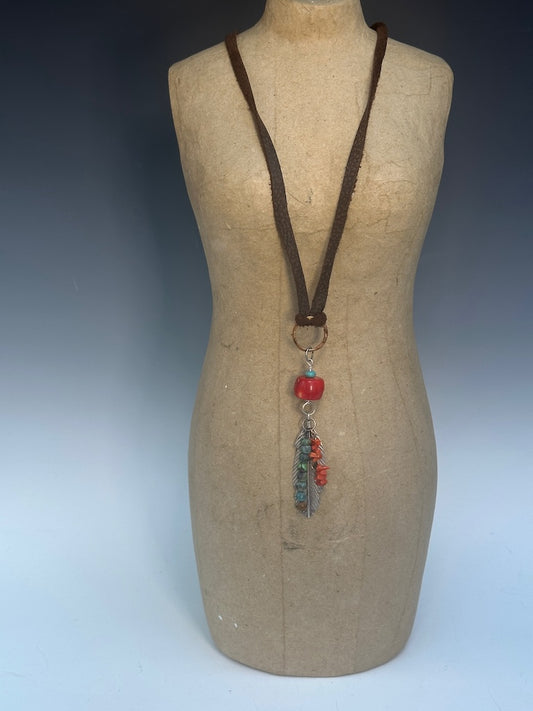CORAL, TURQUOISE AND STERLING SILVER FEATHER AND LEATHER ADJUSTABLE NECKLACE LCN926