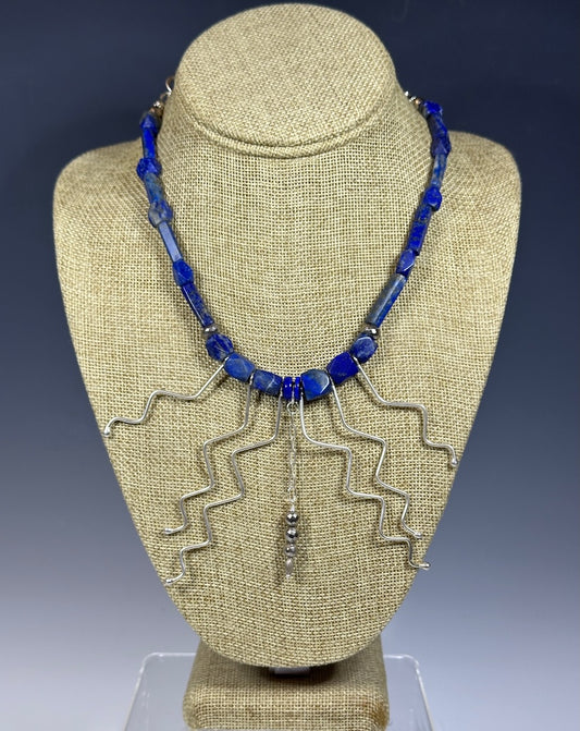LAPIS AND HIGH HILL TRIBE STERLING SILVER STATEMENT NECKLACE LCN980