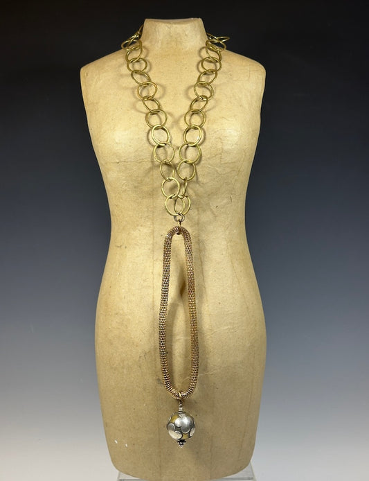 MIXED BRASS STATEMENT NECKLACE WITH BRASS AND SILER FOCAL BEAD LCN998