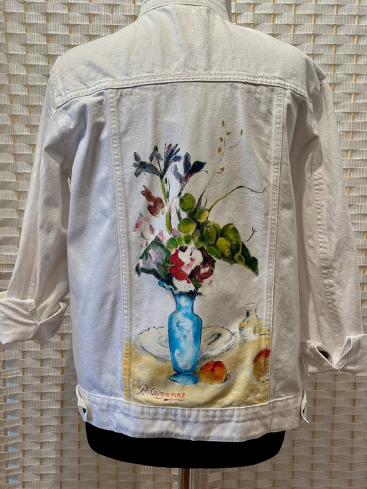 "CEZANNE BLUE VASE 1887" HAND PAINTED JEAN JACKET WITH HAND BATIK LINING LM22