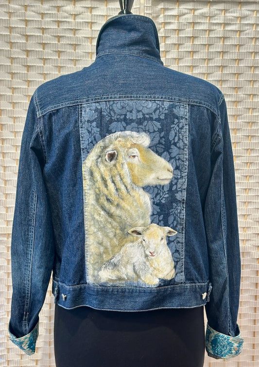 "EWE AND LAMB" HAND PAINTED JEAN JACKET WITH HANDMADE QUILT LINING LM23