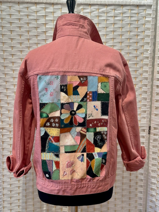 "CRAZY QUILT" HAND PAINTED JEAN JACKET WITH HANDMADE QUILT LINING LM25
