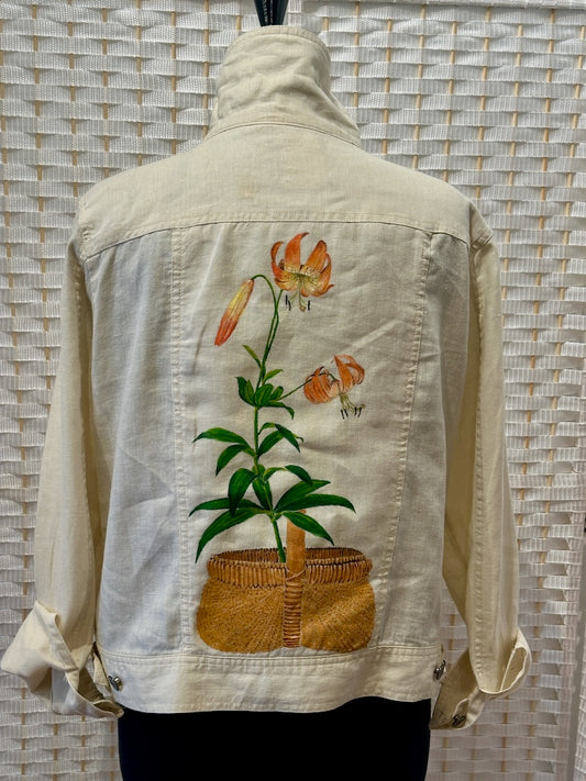 "NC SHELTON SISTERS BASET WITH TURK'S CAP LILY" HAND PAINTED LINEN JACKET LM26