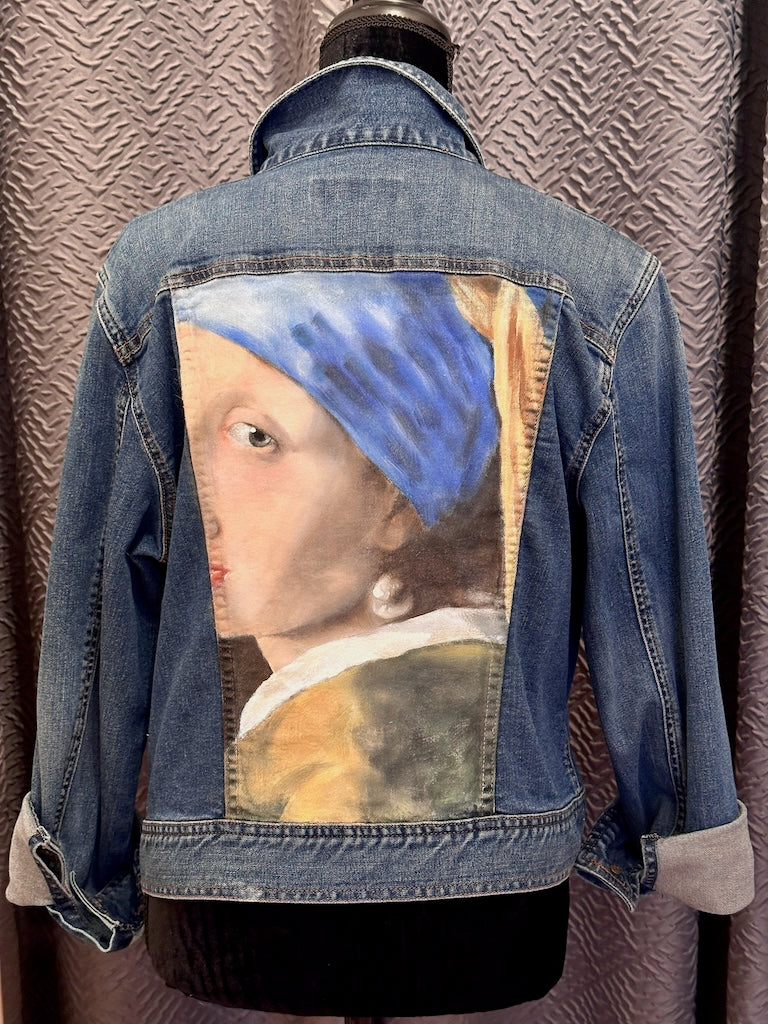 "VERMEER - GIRL WITH A PEARL EARRING 1604" HAND PAINTED JEAN JACKET WITH HANDMADE QUILT LINING LM28