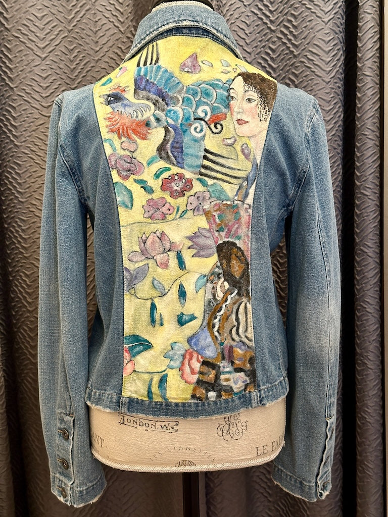 "GUSTAV KLIMT - WOMAN WITH FAN 1917" HAND PAINTED JEAN JACKET WITH HANDMADE QUILT LINING LM29