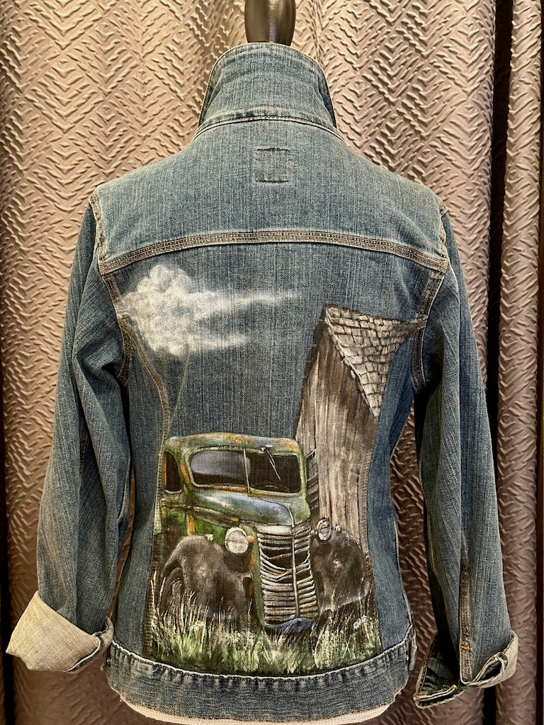 "END OF THE ROAD" HAND PAINTED JEAN JACKET WITH HANDMADE QUILT LINING LM30