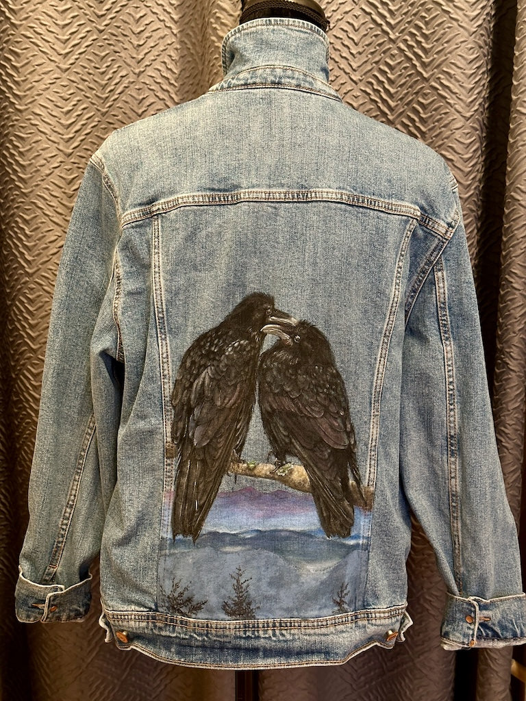 "RAVEN PAIR" HAND PAINTED JEAN JACKET WITH HANDMADE QUILT LINING LM31