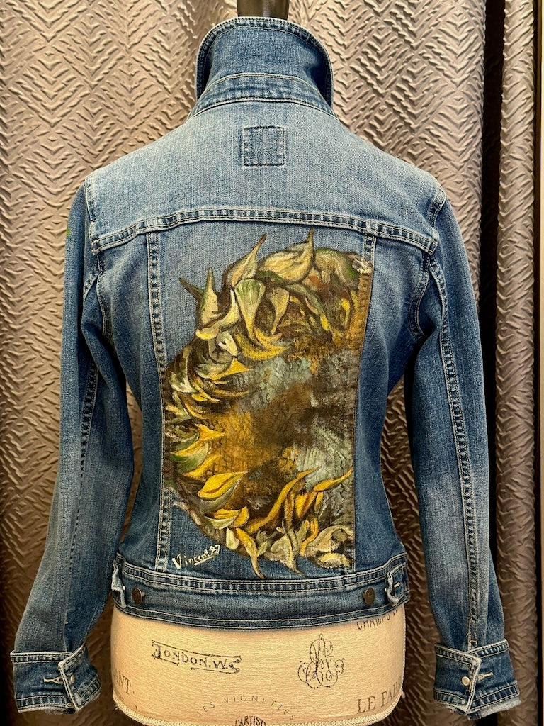 "VAN GOGH - TWO CUT SUNFLOWERS 1887" HAND PAINTED JEAN JACKET WITH HANDMADE QUILT LINING LM32