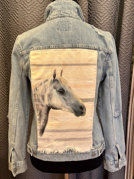 HORSE IN GREY FLANNEL HAND PAINTED DENIM JACKET LM39