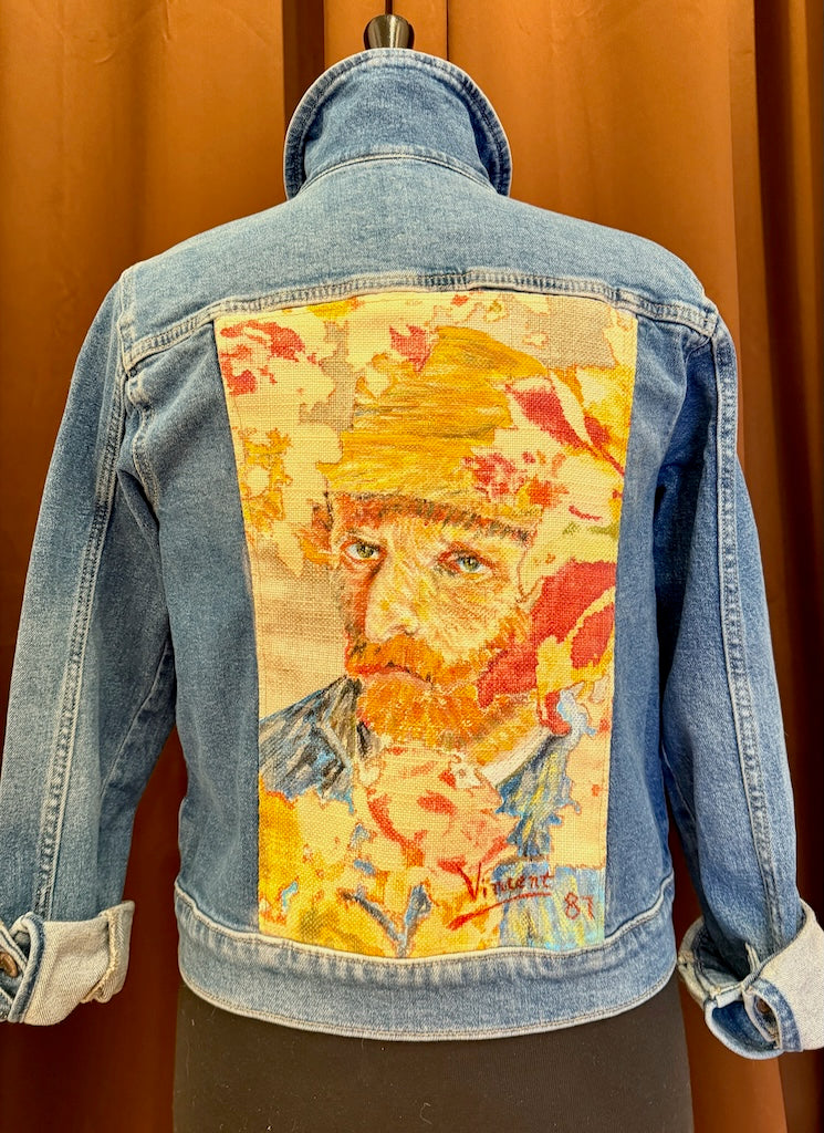 "VAN GOGH SELF PORTRAIT 1887" HAND PAINTED DENIM JACKET WITH FLORAL LINEN LM50