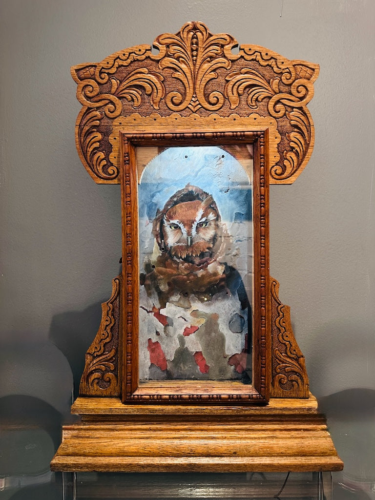 "EASTERN SCREECH OWL IN SYCAMORE" ORIGINAL PAINTING AND NIGHT LIGHT IN ANTIQUE GILBERT CLOCK CASE