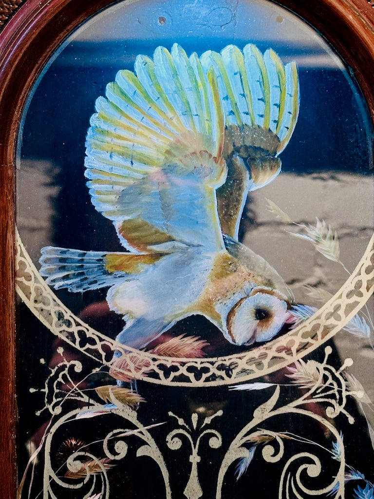 "IN THE GLOAMING" MIXED MEDIA ANTIQUE CLOCK CASE WITH ORIGINAL BARN OWL PAINTING & NIGHT LIGHT