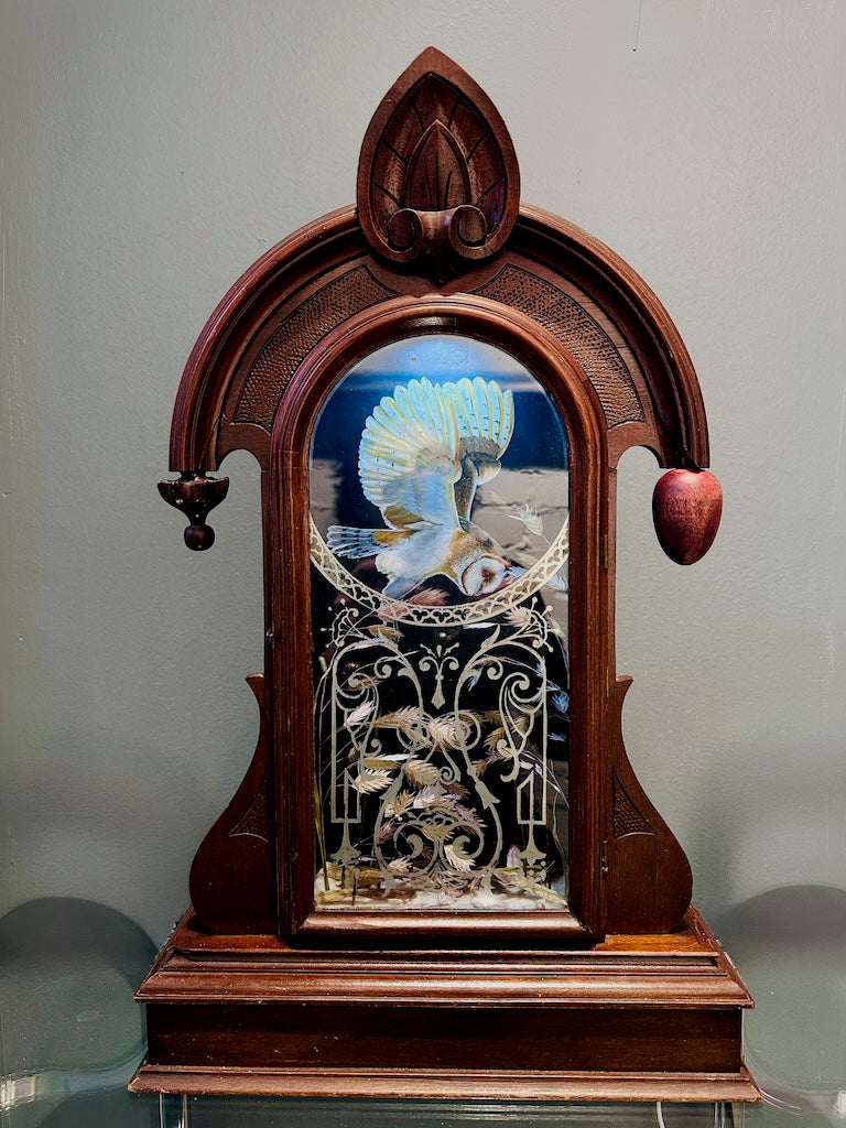 "IN THE GLOAMING" MIXED MEDIA ANTIQUE CLOCK CASE WITH ORIGINAL BARN OWL PAINTING & NIGHT LIGHT