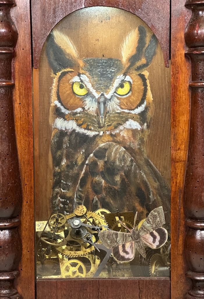 "NIGHT TIME" MIXED MEDIA ANTIQUE CLOCK CASE WITH ORIGINAL GREAT HORNED OWL PAINTING