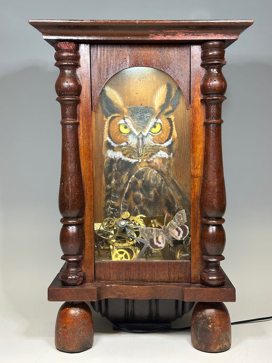 "NIGHT TIME" MIXED MEDIA ANTIQUE CLOCK CASE WITH ORIGINAL GREAT HORNED OWL PAINTING