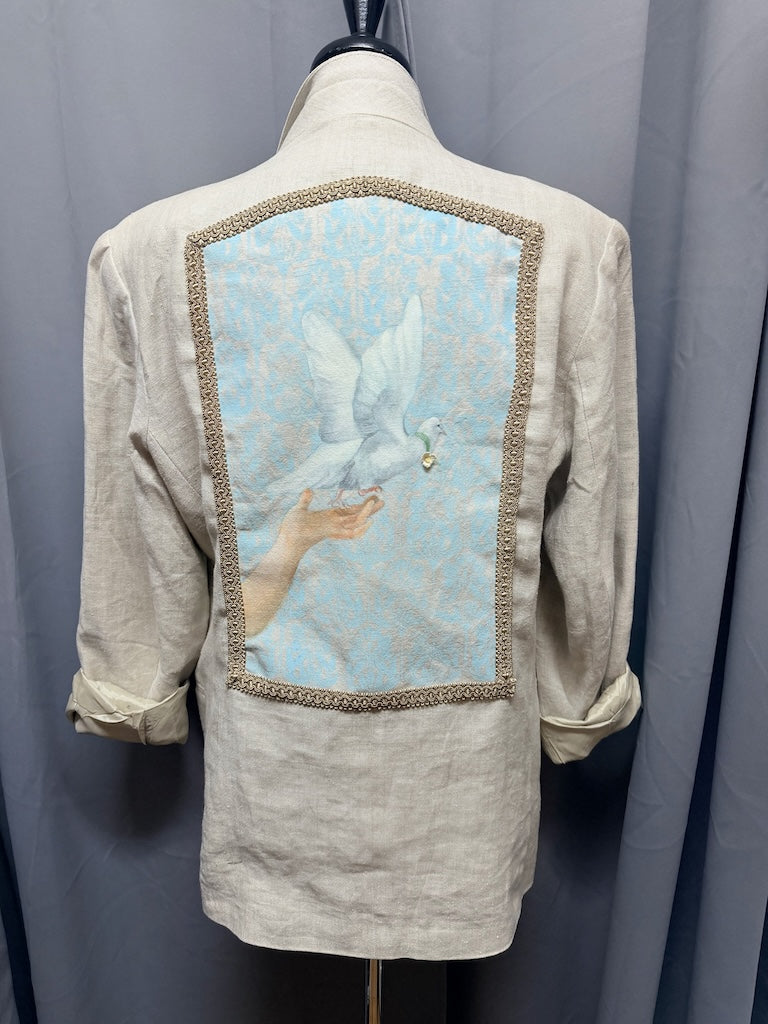 "RELEASE" HAND PAINTED LINEN BLAZER WITH VINTAGE EMBROIDERY PATCH LM55