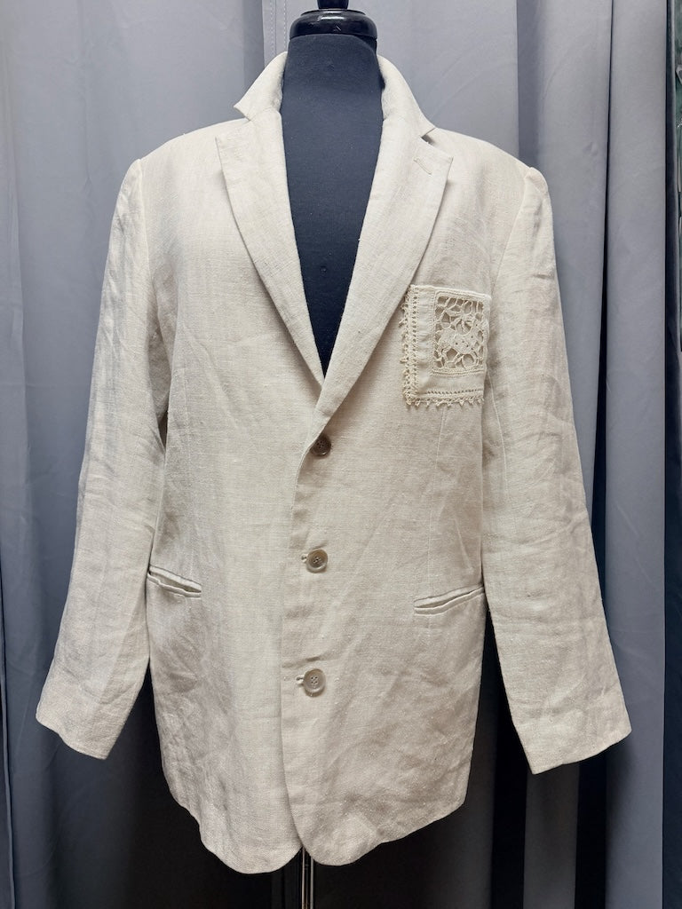 "RELEASE" HAND PAINTED LINEN BLAZER WITH VINTAGE EMBROIDERY PATCH LM55