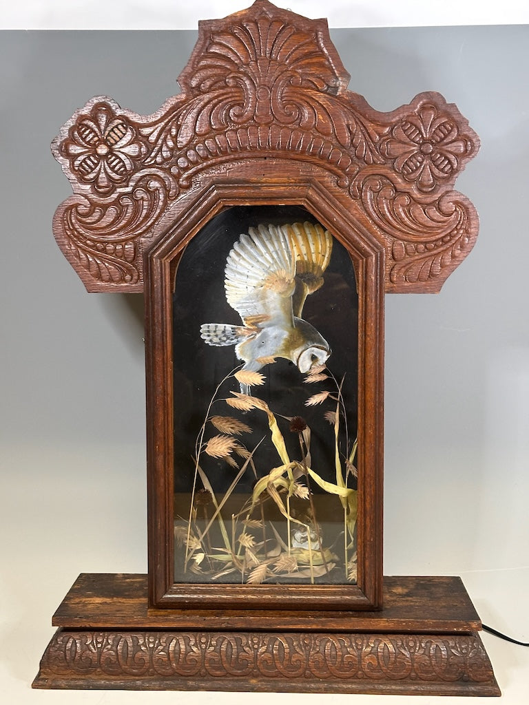 "SHHH......" MIXED MEDIA ANTIQUE CLOCK CASE WITH ORIGINAL BARN OWL PAINTING