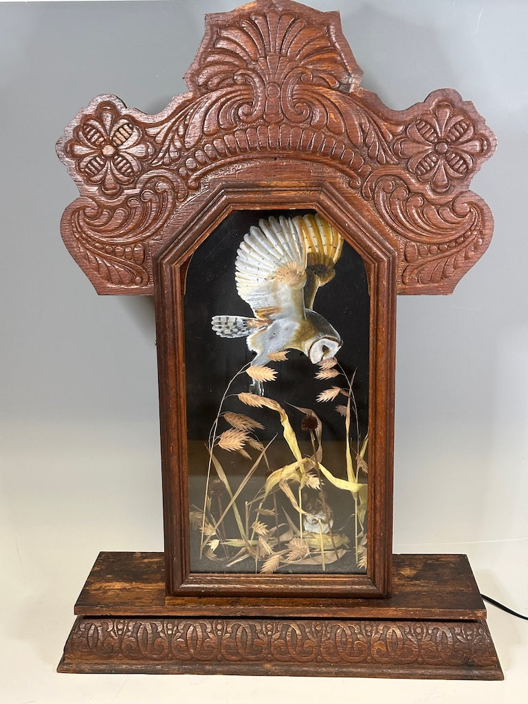 "SHHH......" MIXED MEDIA ANTIQUE CLOCK CASE WITH ORIGINAL BARN OWL PAINTING