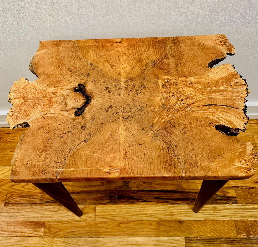 4 WAY BOOKMATCHED MAPLE BURL TABLE WITH WALNUT LEGS
