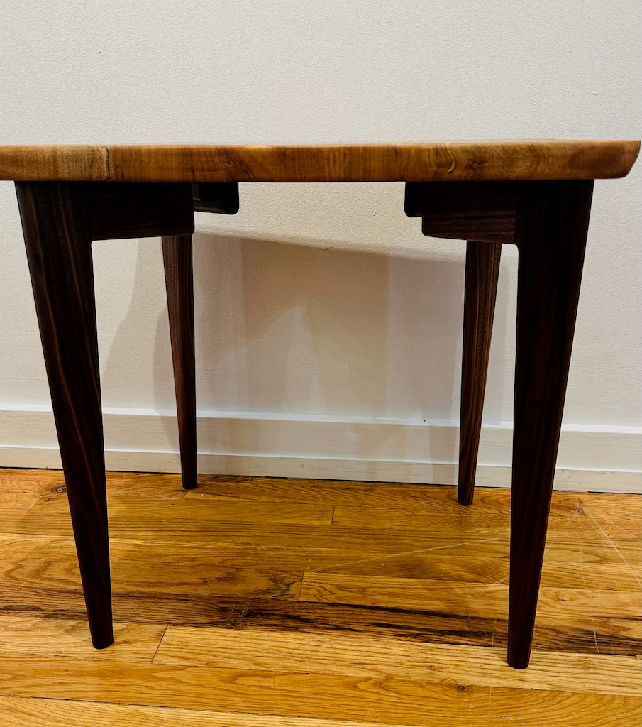 4 WAY BOOKMATCHED MAPLE BURL TABLE WITH WALNUT LEGS