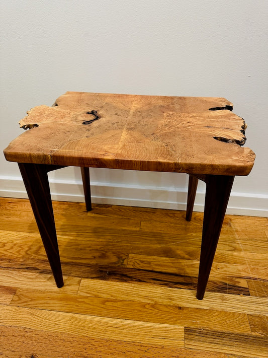 4 WAY BOOKMATCHED MAPLE BURL TABLE WITH WALNUT LEGS