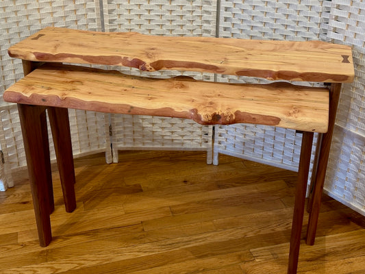 TWO AMBROSIA MAPLE NESTING TABLES WITH WALNUT LEGS