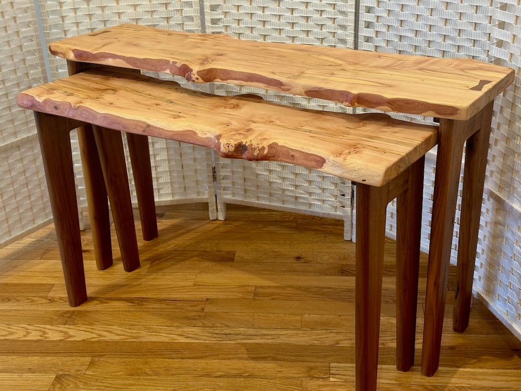 TWO AMBROSIA MAPLE NESTING TABLES WITH WALNUT LEGS
