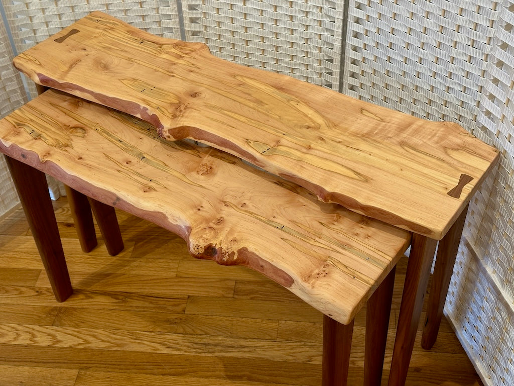 TWO AMBROSIA MAPLE NESTING TABLES WITH WALNUT LEGS