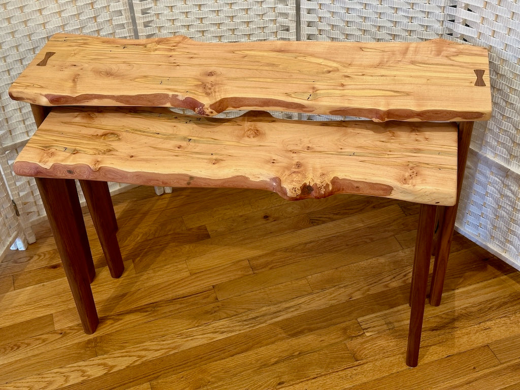 TWO AMBROSIA MAPLE NESTING TABLES WITH WALNUT LEGS