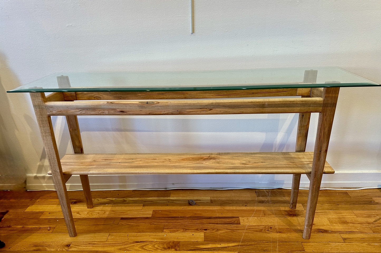 BEVEL GLASS AMBROSIA MAPLE HALL TABLE WITH AMBROSIA MAPLE LEGS