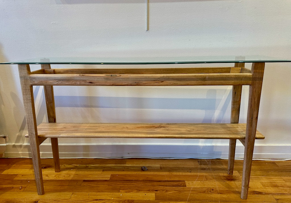 BEVEL GLASS AMBROSIA MAPLE HALL TABLE WITH AMBROSIA MAPLE LEGS