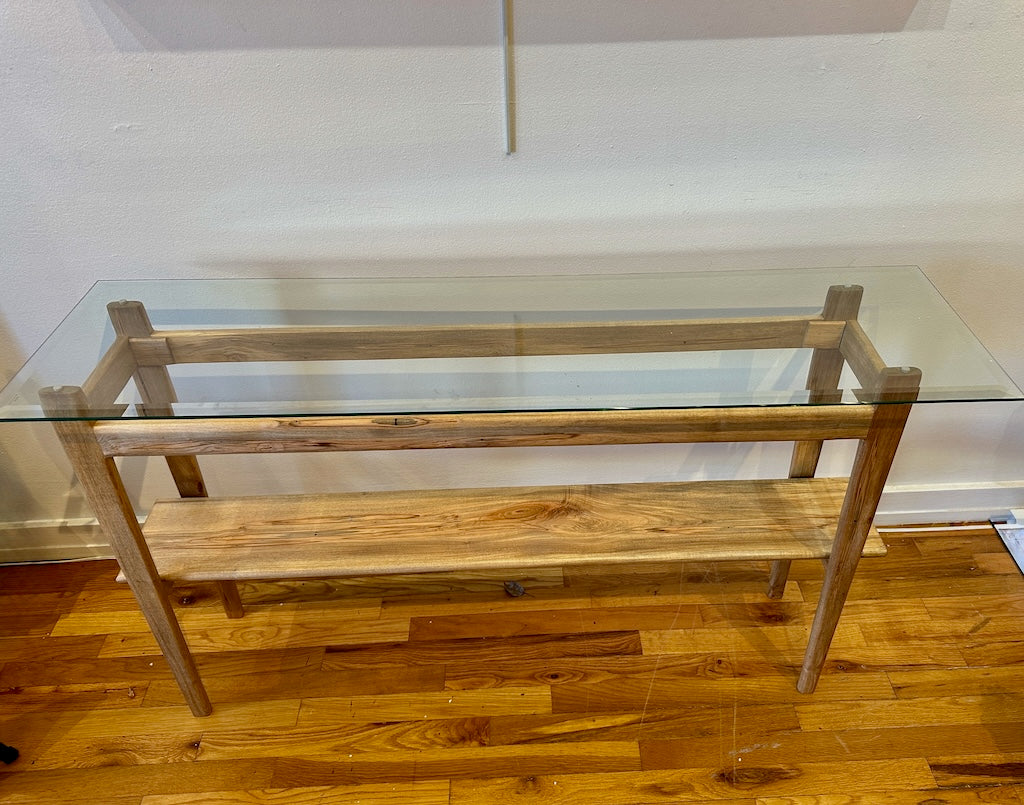 BEVEL GLASS AMBROSIA MAPLE HALL TABLE WITH AMBROSIA MAPLE LEGS