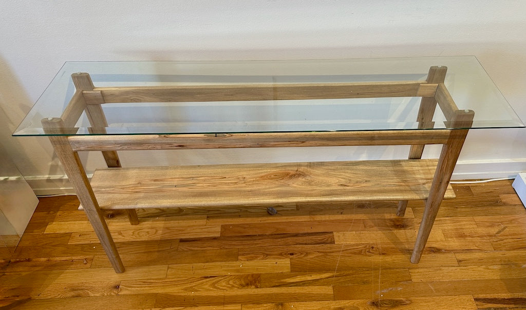 BEVEL GLASS AMBROSIA MAPLE HALL TABLE WITH AMBROSIA MAPLE LEGS