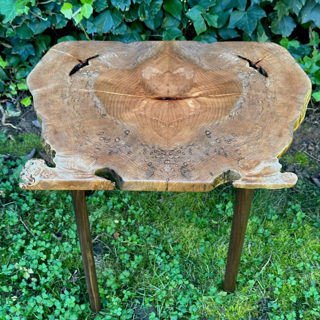 BOOKMATCHED MAPLE TABLE WITH WALNUT LEGS