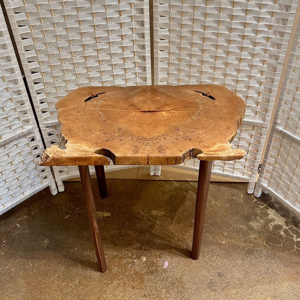 BOOKMATCHED MAPLE TABLE WITH WALNUT LEGS